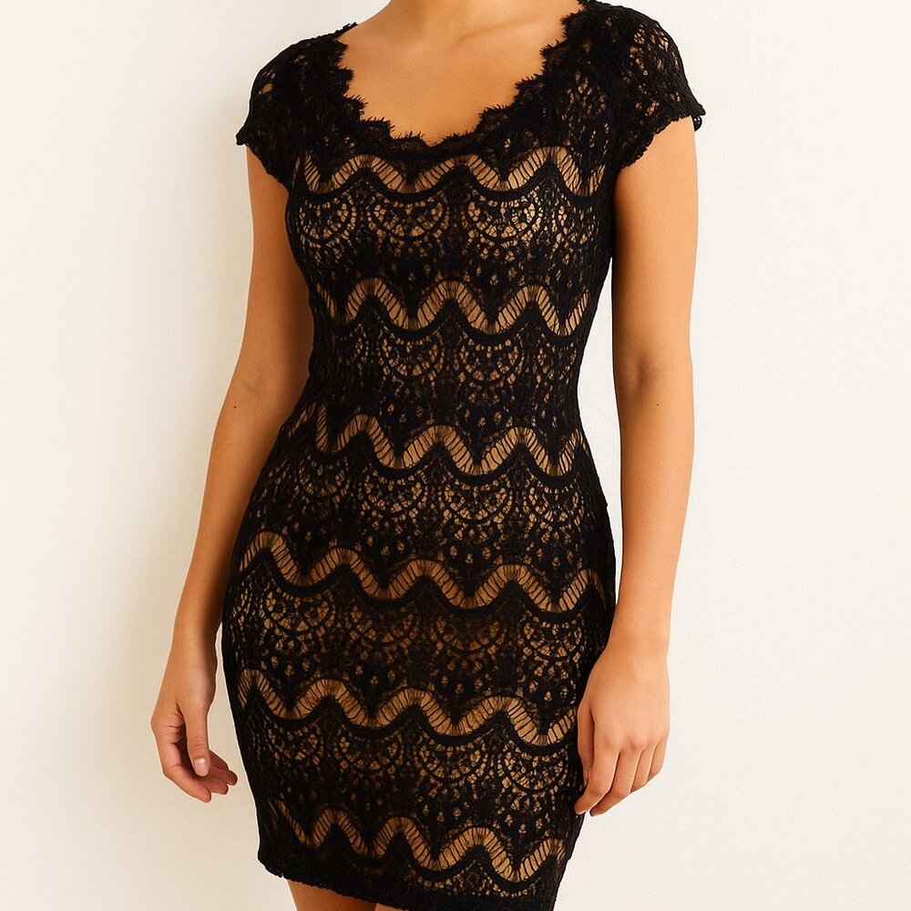 B.Darlin Black Lace Nude Fitted Minidress Cocktail Party Evening Dress Size 8